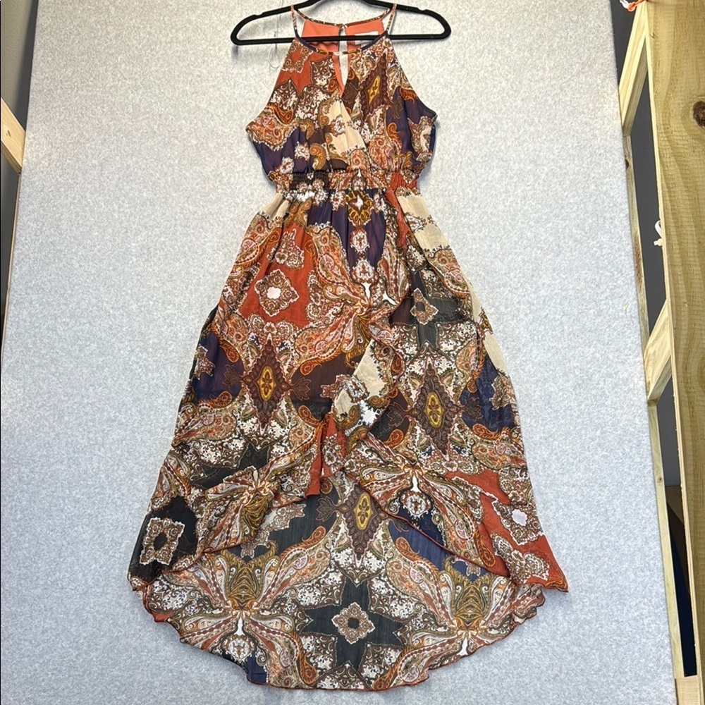Sweet Storm Asymmetrical High-Low Halter Dress in Brown and Orange